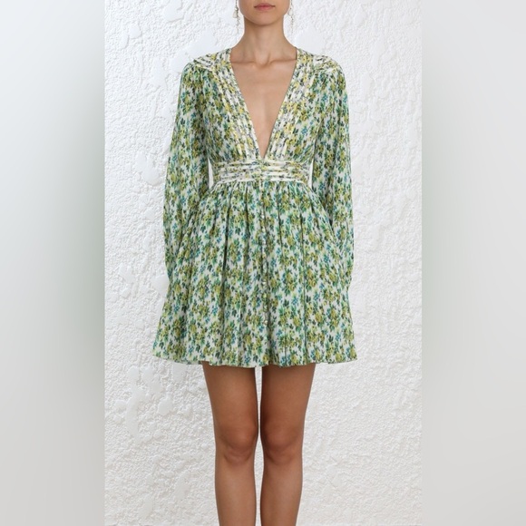 green emerald velvet dress Zimmermann Lurex Polka Dot Mini Wrap Dress Ecru/Gold Crinkled Chiffon –  Celebrity Owned main image 1